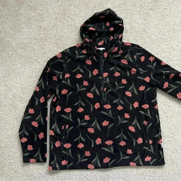 O’NEILL Hooded Top Half Zip Pullover Polar Fleece Flower Print Large Black NEW, - Picture 2 of 16